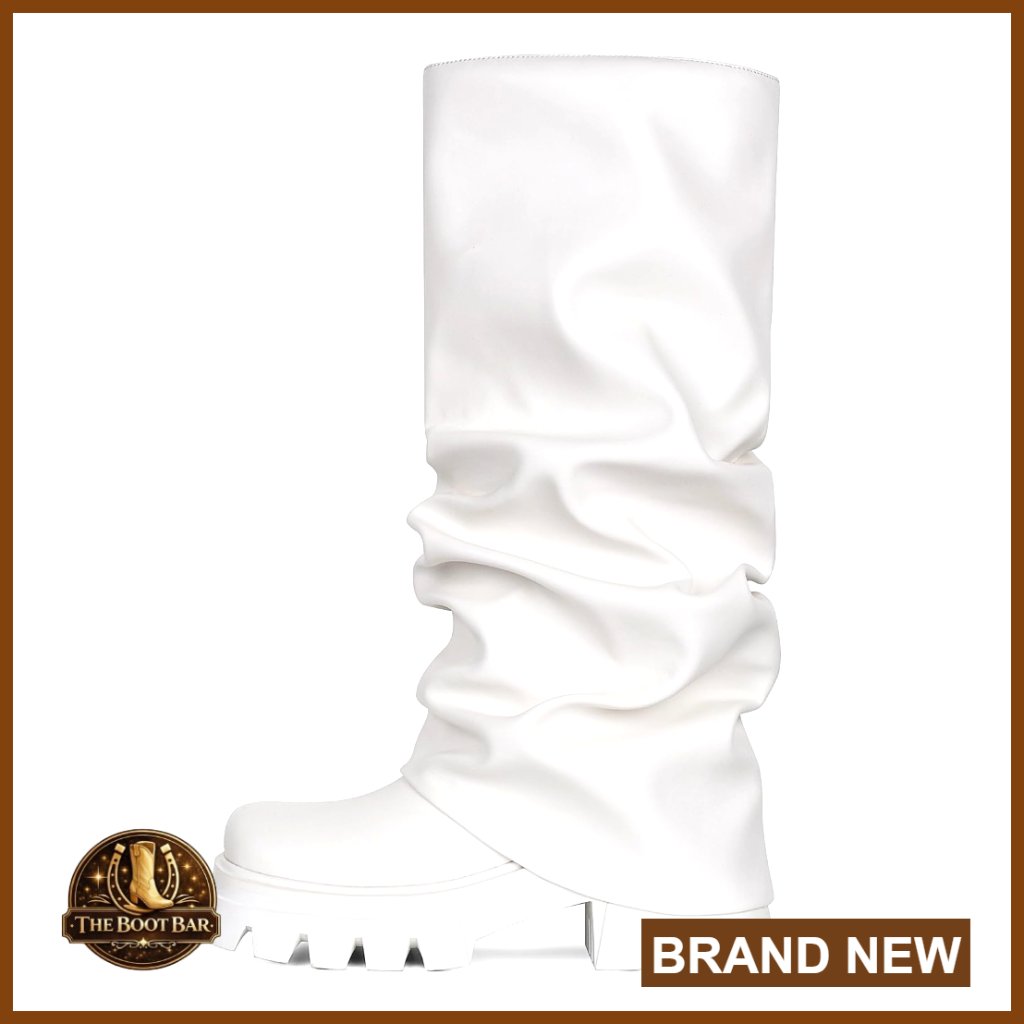 Fold Over Slouchy Platform Boots Glitter Metallic Chunky Heel Mid Calf